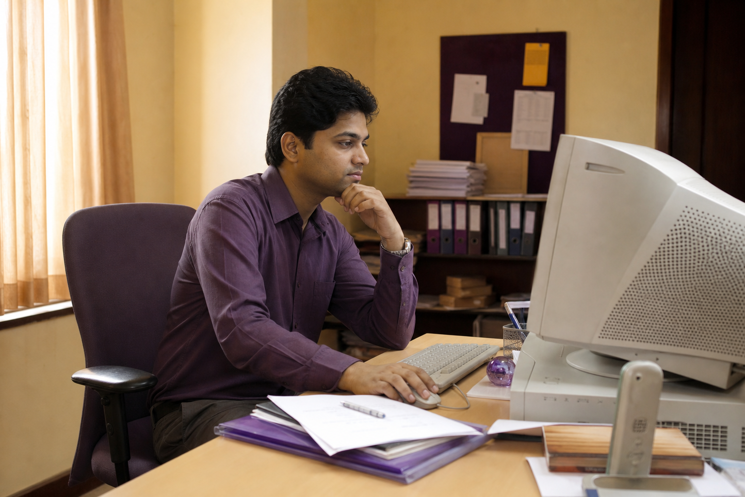 A founder working in a modest digital office in 2005