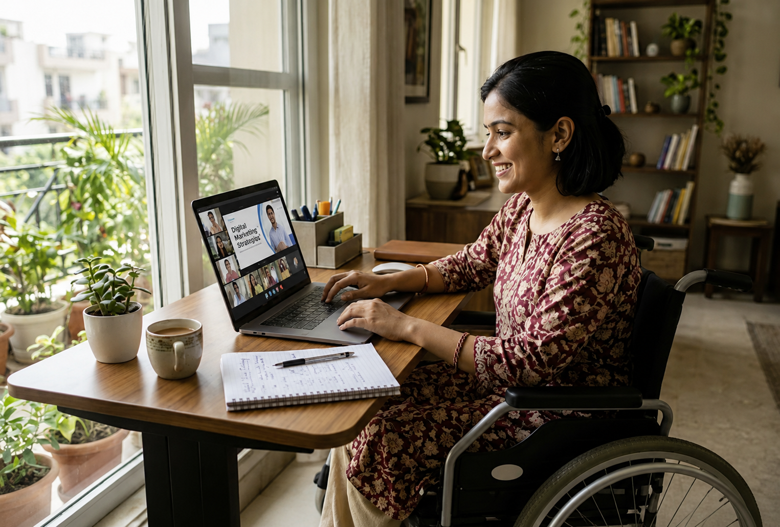 A professional working comfortably from an accessible home office