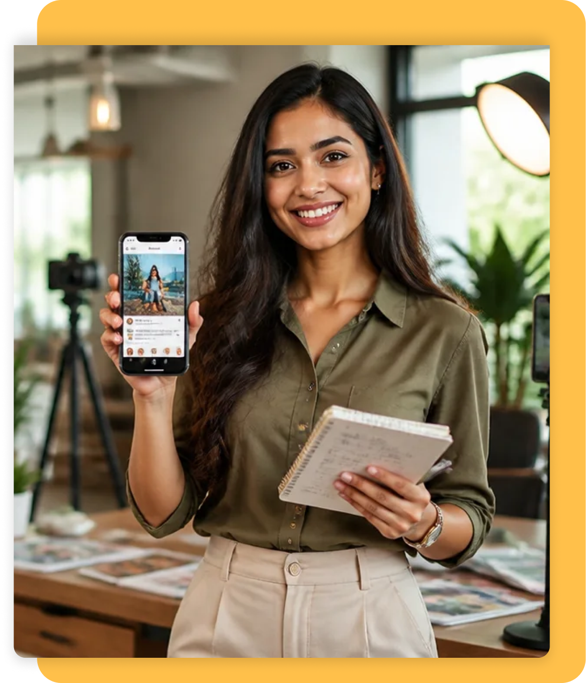 Content creator planning an Instagram campaign on a mobile phone
