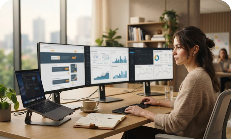 Specialist reviewing visual campaign performance on a desktop display