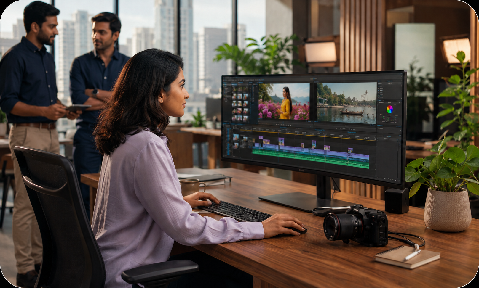 Creative specialist producing video assets at a workstation